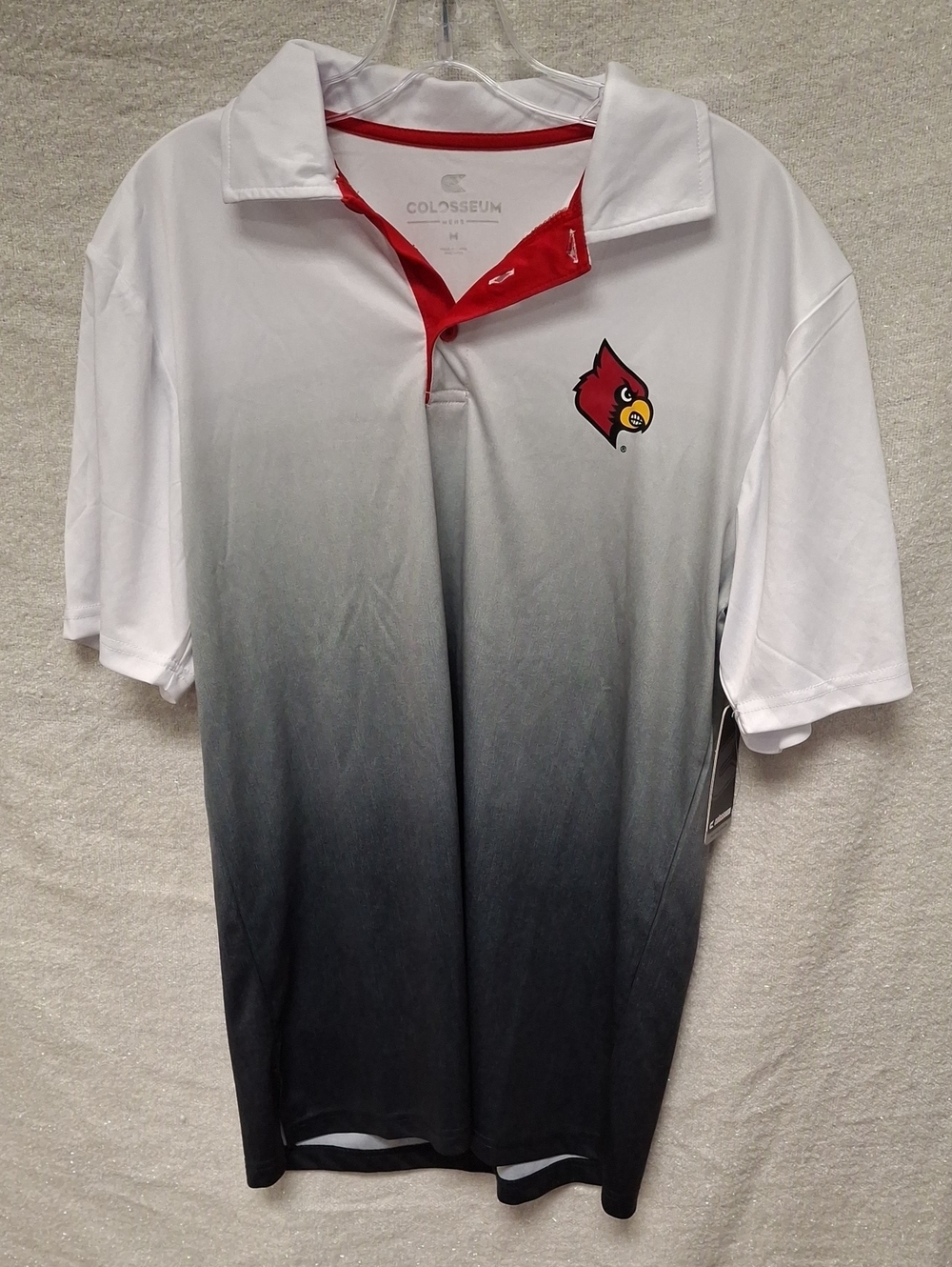 Colosseum Men’s White to Black Gradient Polo with Red Trim and Cardinal Logo